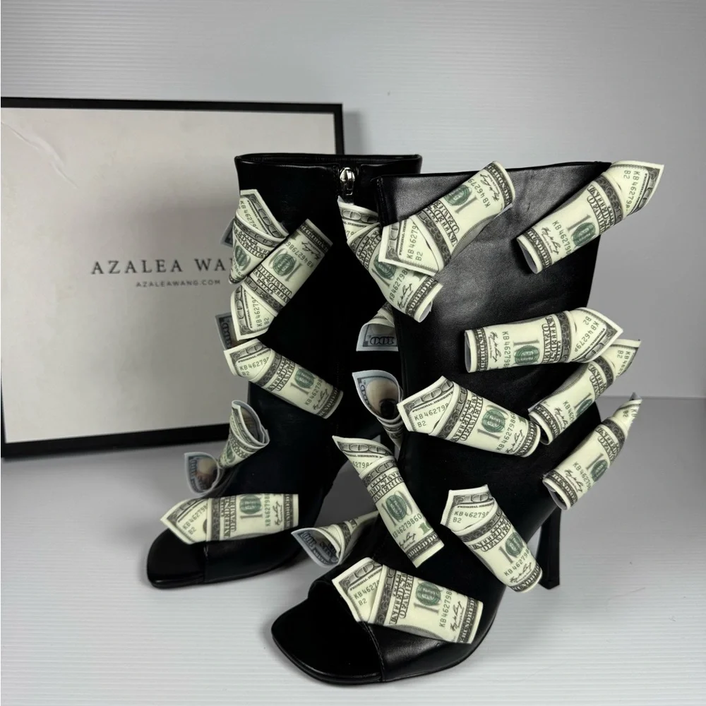 Azalea Wang Dinero Black Money Heels Multi Sizes Dollar Bill Statement Boot NWT - Picture 3 of 8